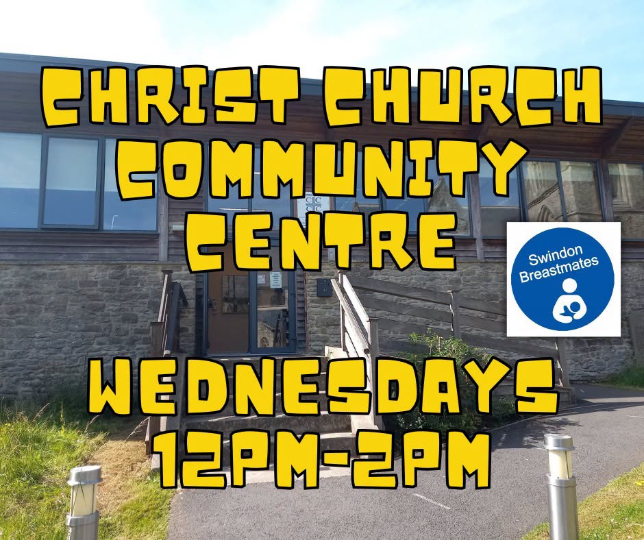 Picture of Christ Church community centre with Christ Church community centre Wednesdays 12pm-2pm written over it and the Swindon Breastmates logo.