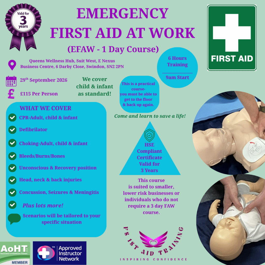 Poster with details for the Emergency First Aid at Work one day course.